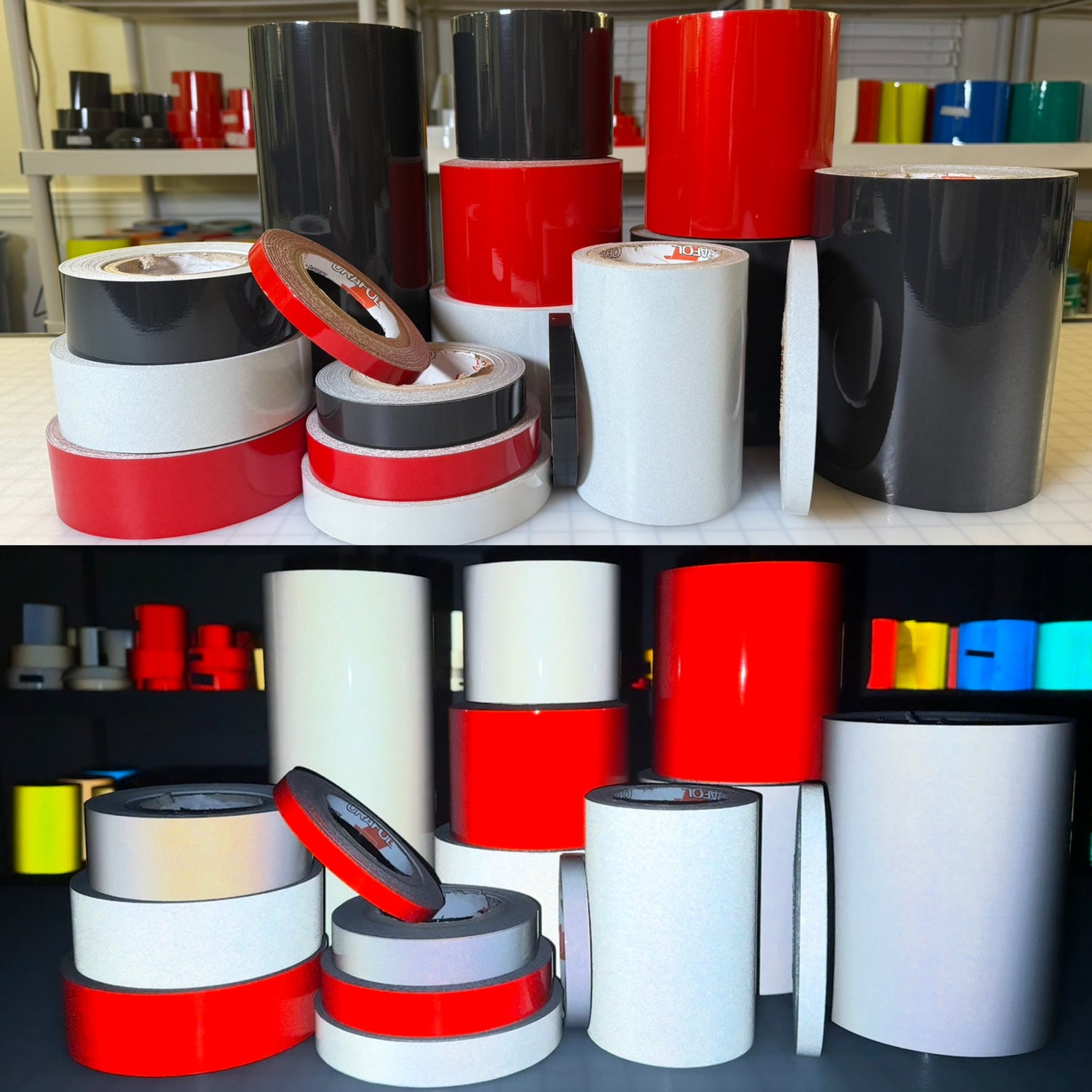 Collage of Red, Black, & White Oralite 5700 Glass Bead Reflective tape. Top Image is daytime no flash and bottom image is nighttime with flash