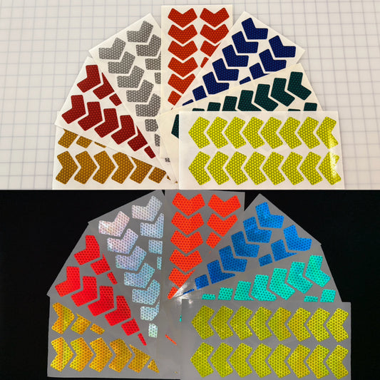 16 Reflective Oralite V98 prismatic chevron stickers in various colors, peel and stick application.