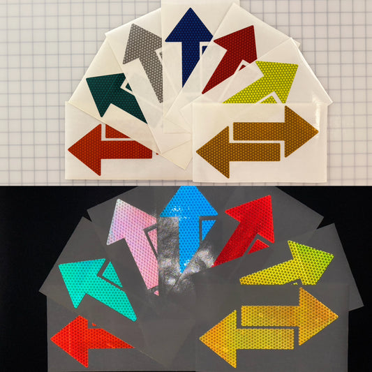 Reflective arrows in multiple colors, made from premium Oralite V98 prismatic film, ideal for peel and stick applications.