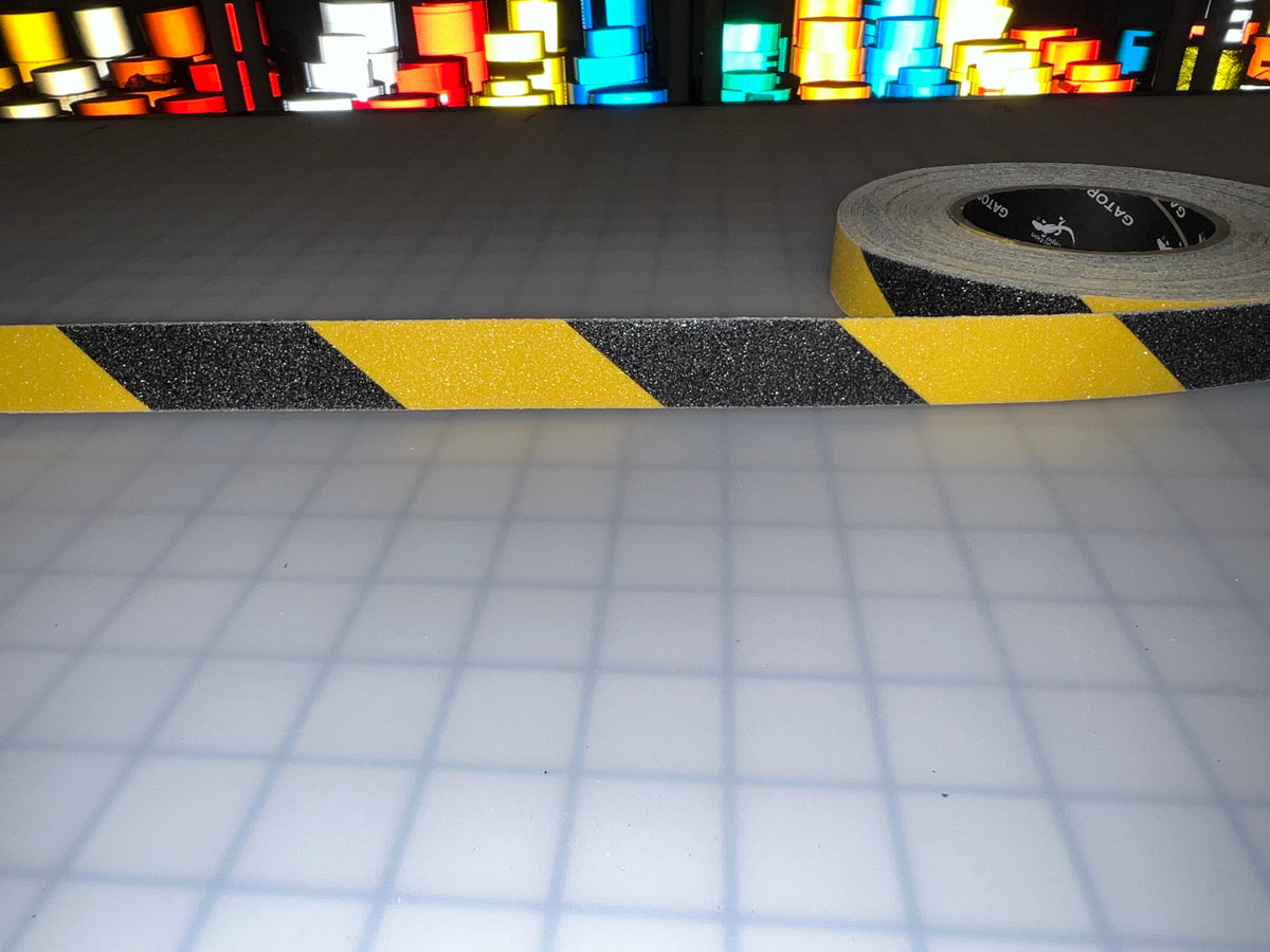 1" Anti-Slip Tread Tape Yellow/Black Hazard Striped Gator Grip 60 Grit OSHA - Reflective Pro